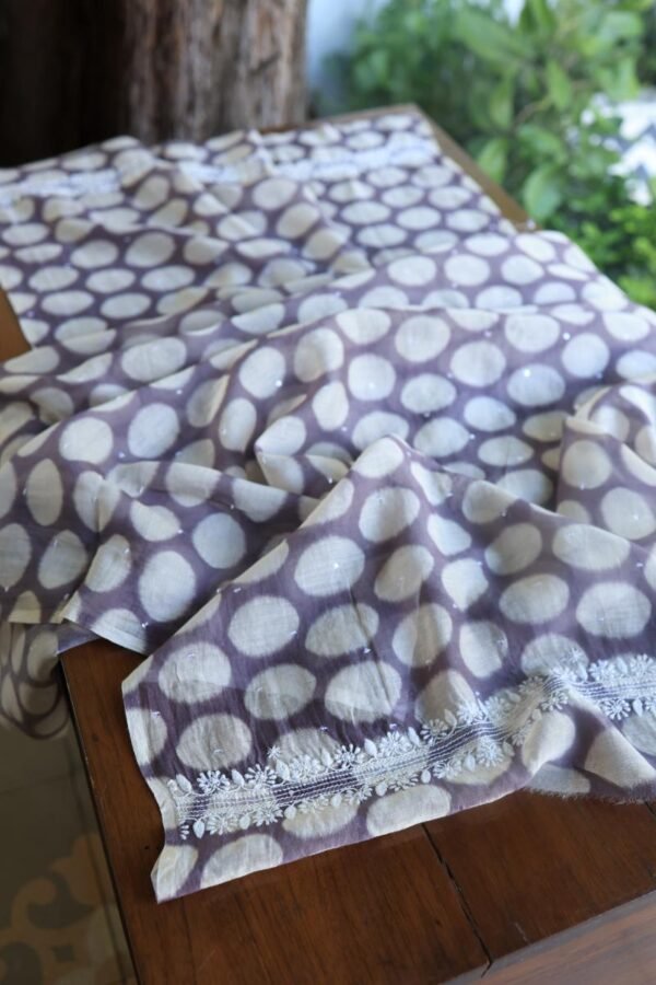 Grey & White Soft Cotton Printed Unstitched Kurta Dupatta Set with Chikankari & Sequin Work - Image 13