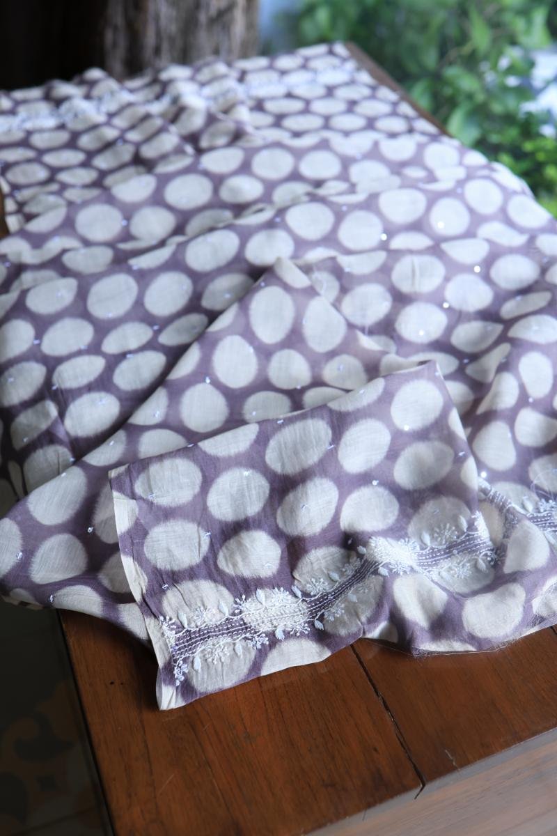 Grey & White Soft Cotton Printed Unstitched Kurta Dupatta Set with Chikankari & Sequin Work