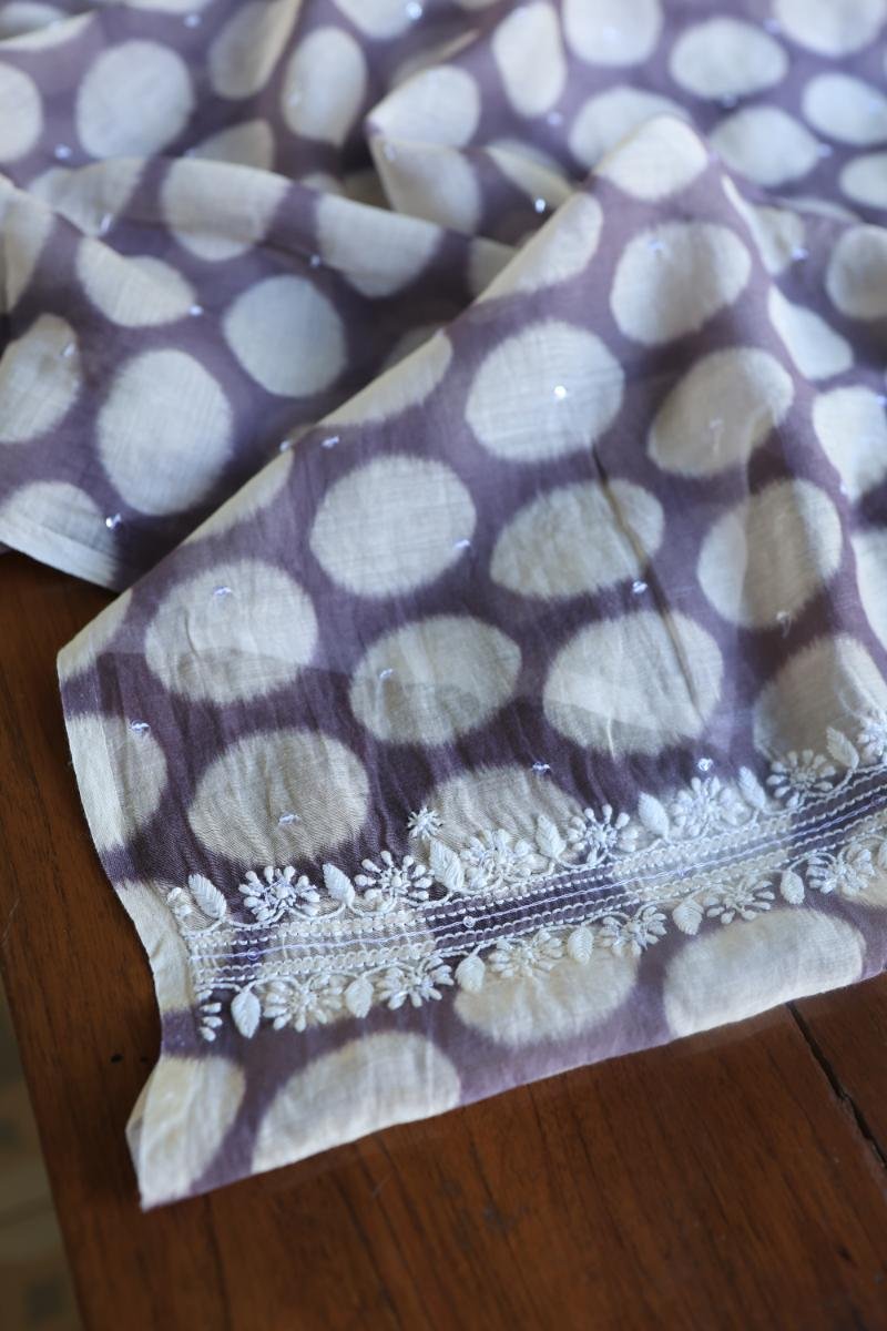 Grey & White Soft Cotton Printed Unstitched Kurta Dupatta Set with Chikankari & Sequin Work