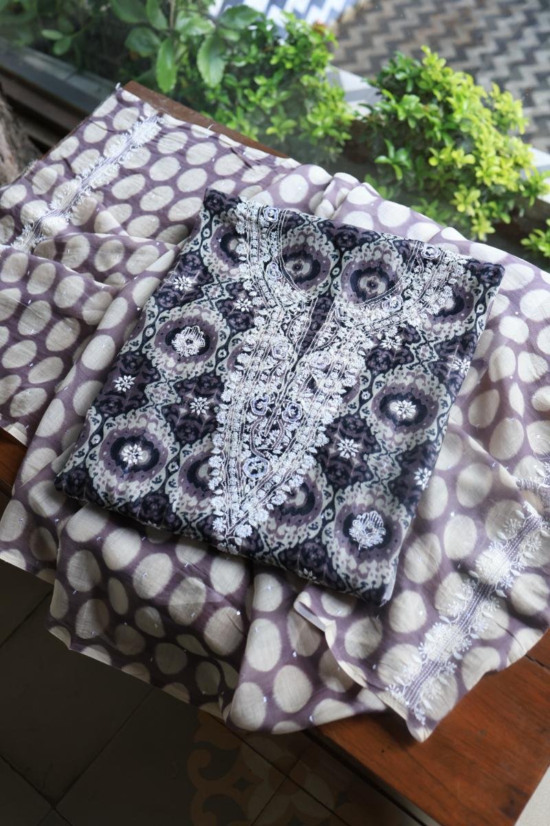Grey & White Soft Cotton Printed Unstitched Kurta Dupatta Set with Chikankari & Sequin Work