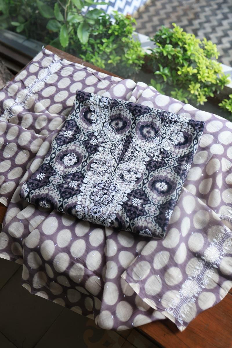 Grey & White Soft Cotton Printed Unstitched Kurta Dupatta Set with Chikankari & Sequin Work
