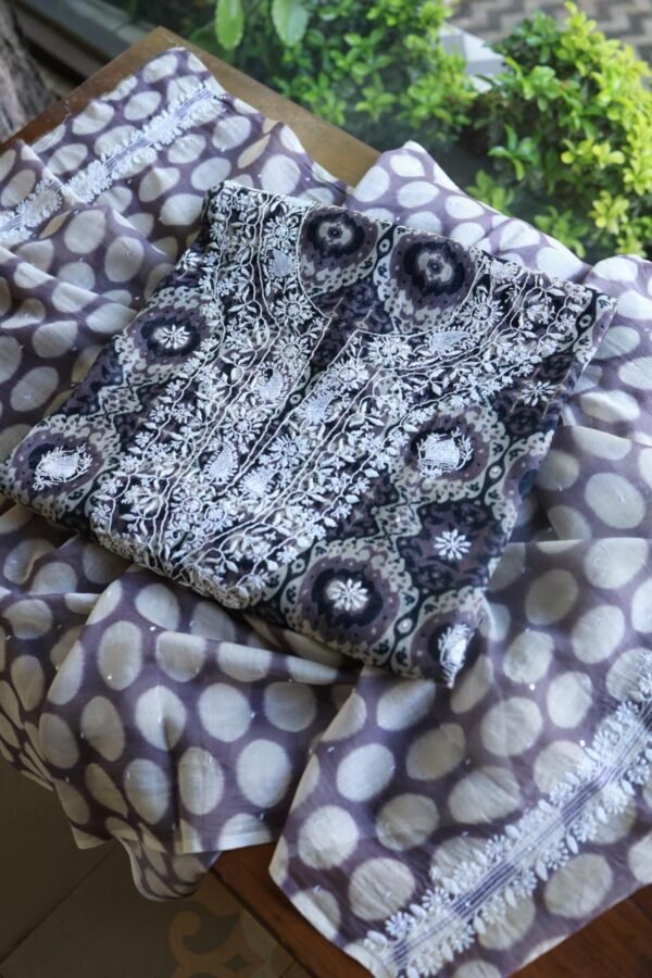 Grey & White Soft Cotton Printed Unstitched Kurta Dupatta Set with Chikankari & Sequin Work - Image 6