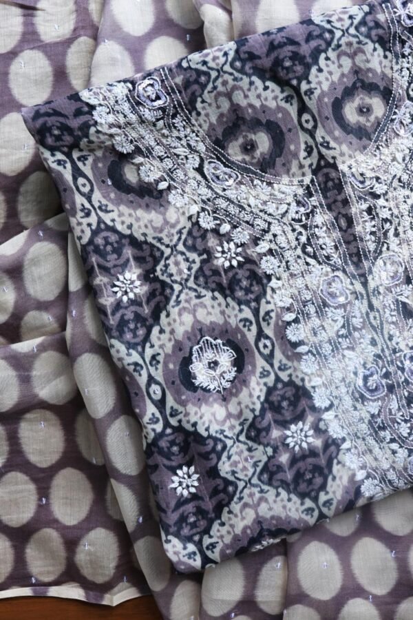 Grey & White Soft Cotton Printed Unstitched Kurta Dupatta Set with Chikankari & Sequin Work - Image 5