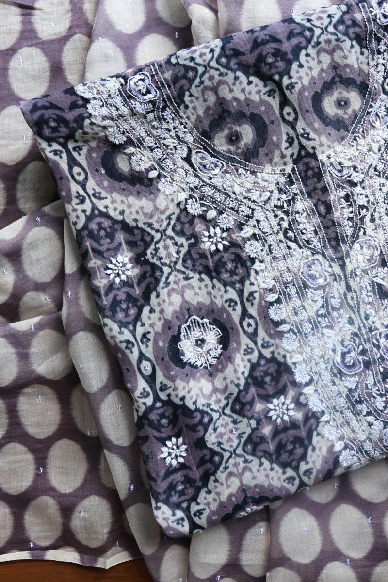 Grey & White Soft Cotton Printed Unstitched Kurta Dupatta Set with Chikankari & Sequin Work