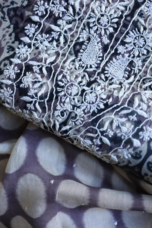 Grey & White Soft Cotton Printed Unstitched Kurta Dupatta Set with Chikankari & Sequin Work - Image 2