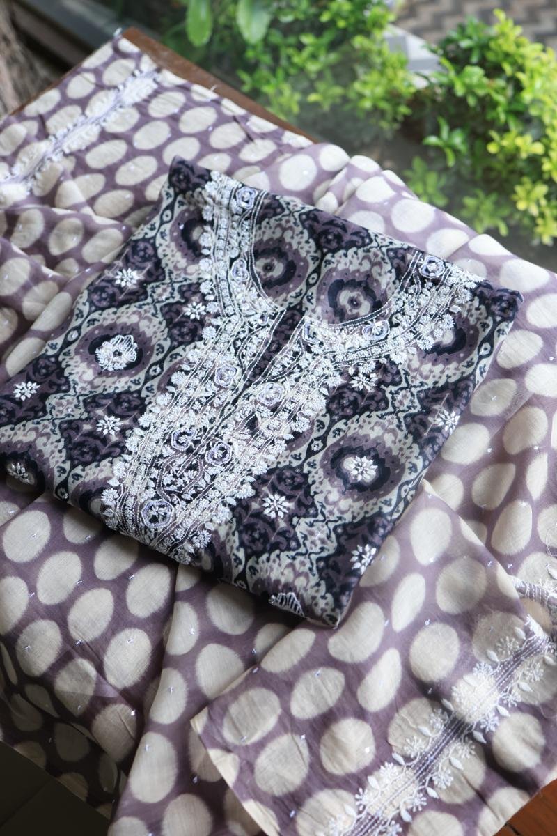 Grey & White Soft Cotton Printed Unstitched Kurta Dupatta Set with Chikankari & Sequin Work
