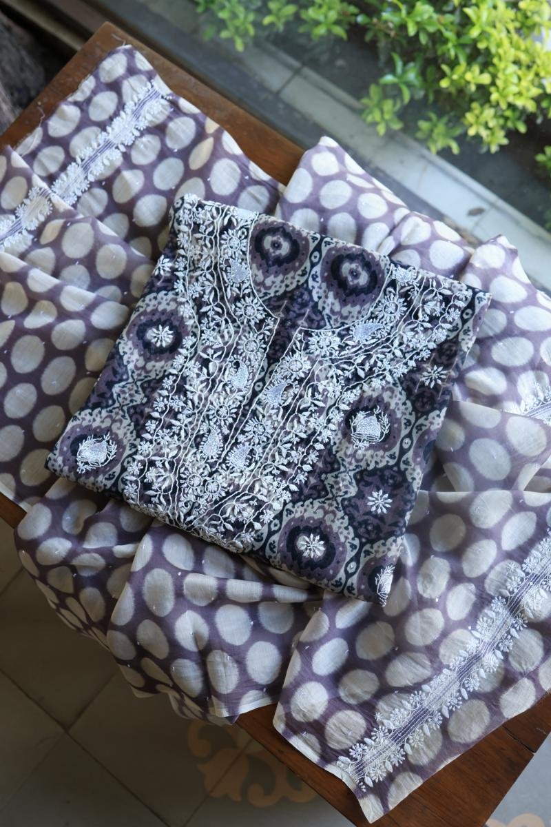 Grey & White Soft Cotton Printed Unstitched Kurta Dupatta Set with Chikankari & Sequin Work