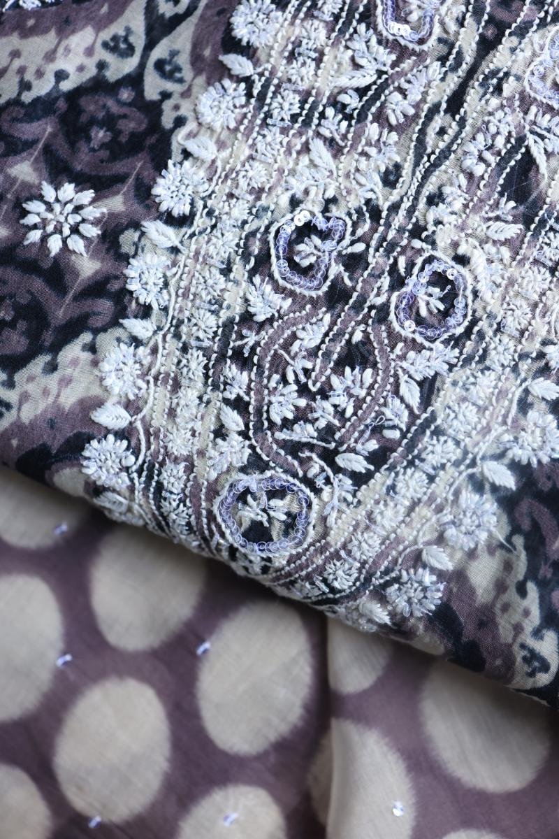 Grey & White Soft Cotton Printed Unstitched Kurta Dupatta Set with Chikankari & Sequin Work