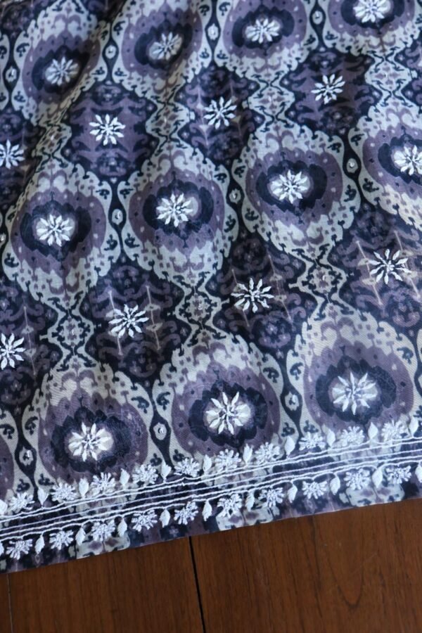 Grey & White Soft Cotton Printed Unstitched Kurta Dupatta Set with Chikankari & Sequin Work - Image 12