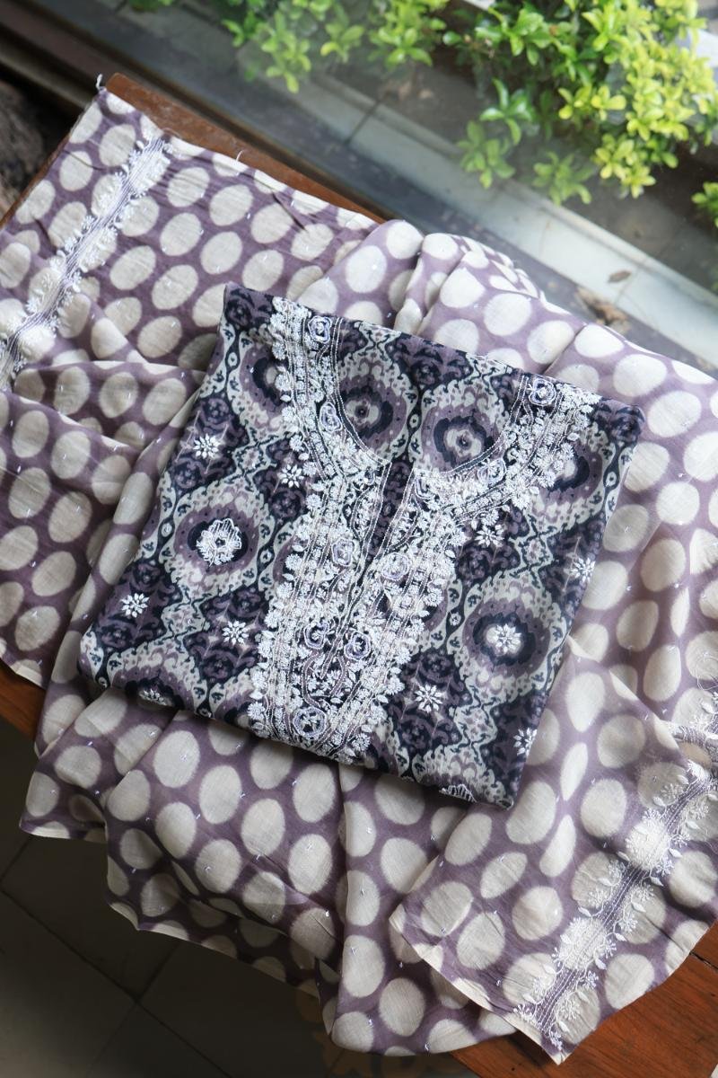 Grey & White Soft Cotton Printed Unstitched Kurta Dupatta Set with Chikankari & Sequin Work