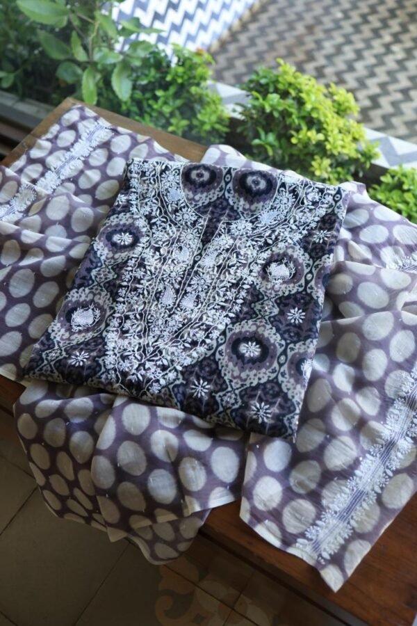 Grey & White Soft Cotton Printed Unstitched Kurta Dupatta Set with Chikankari & Sequin Work - Image 3