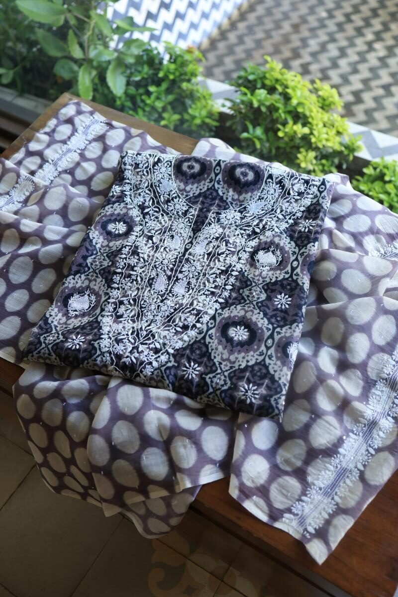 Grey & White Soft Cotton Printed Unstitched Kurta Dupatta Set with Chikankari & Sequin Work