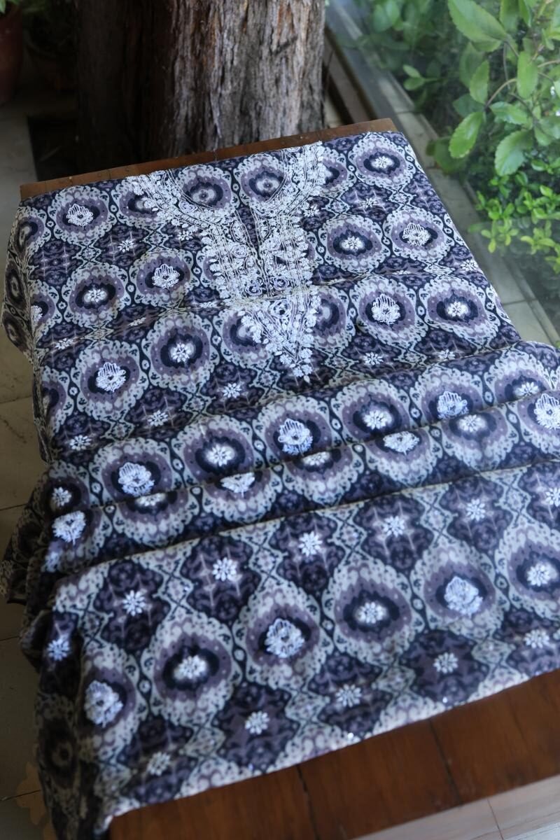 Grey & White Soft Cotton Printed Unstitched Kurta Dupatta Set with Chikankari & Sequin Work