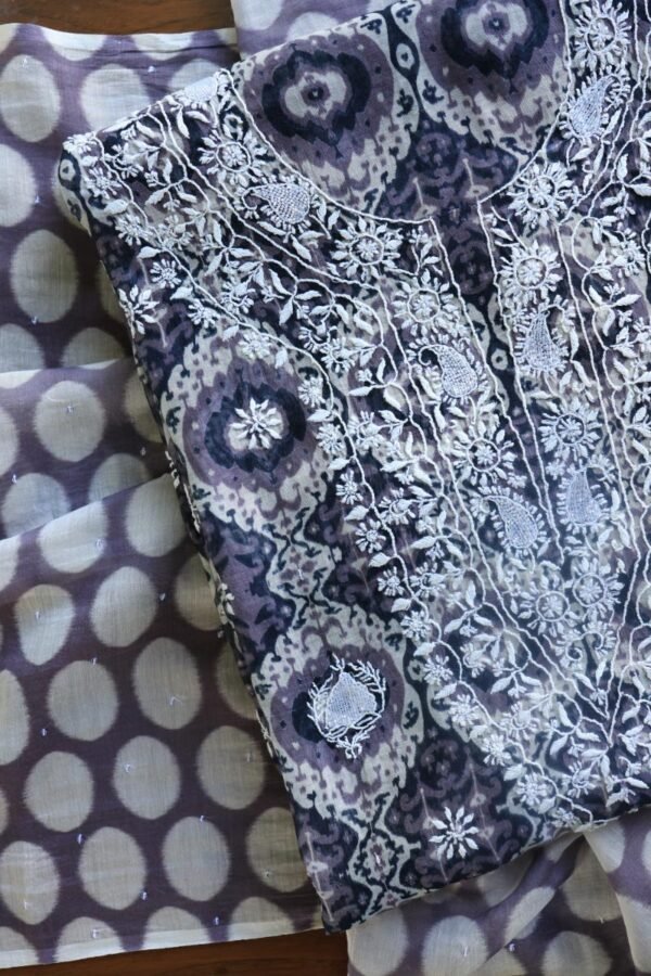 Grey & White Soft Cotton Printed Unstitched Kurta Dupatta Set with Chikankari & Sequin Work - Image 4