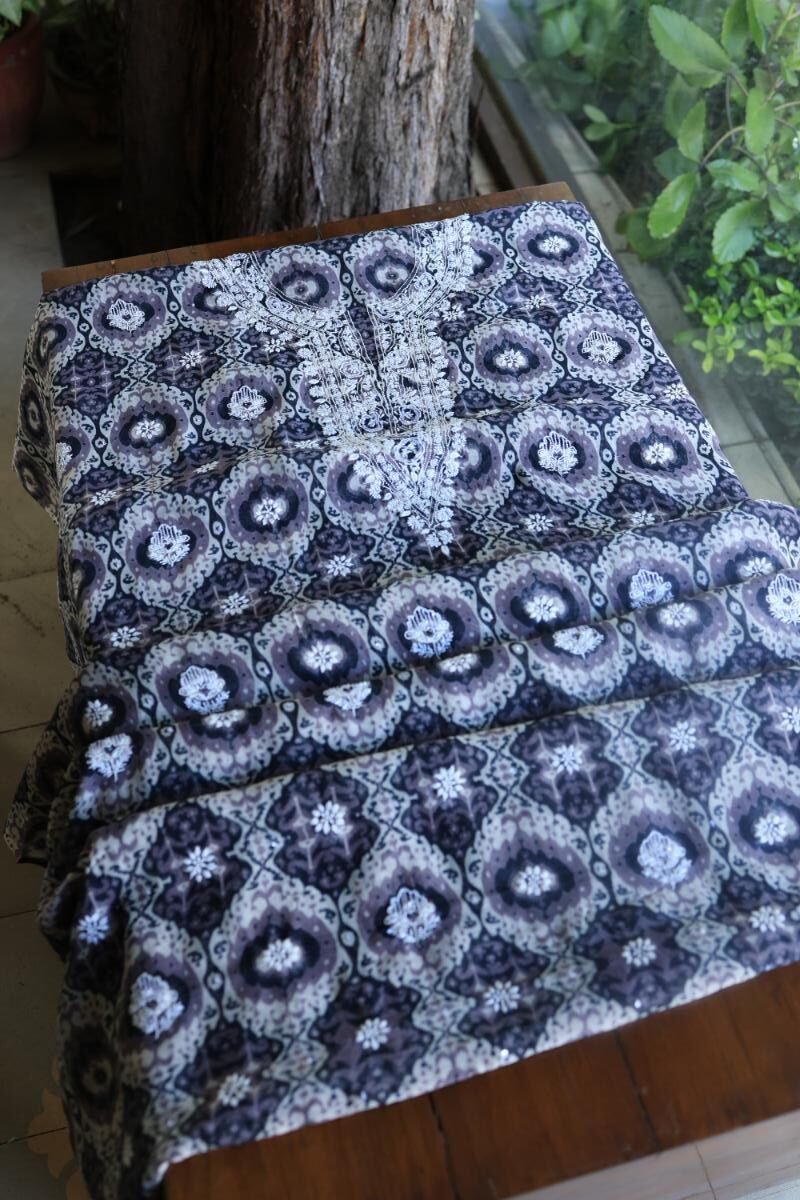 Grey & White Soft Cotton Printed Unstitched Kurta Dupatta Set with Chikankari & Sequin Work