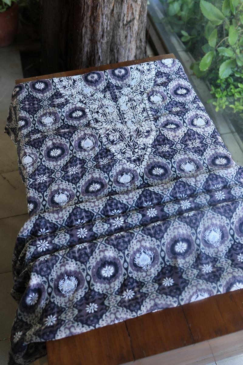 Grey & White Soft Cotton Printed Unstitched Kurta Dupatta Set with Chikankari & Sequin Work