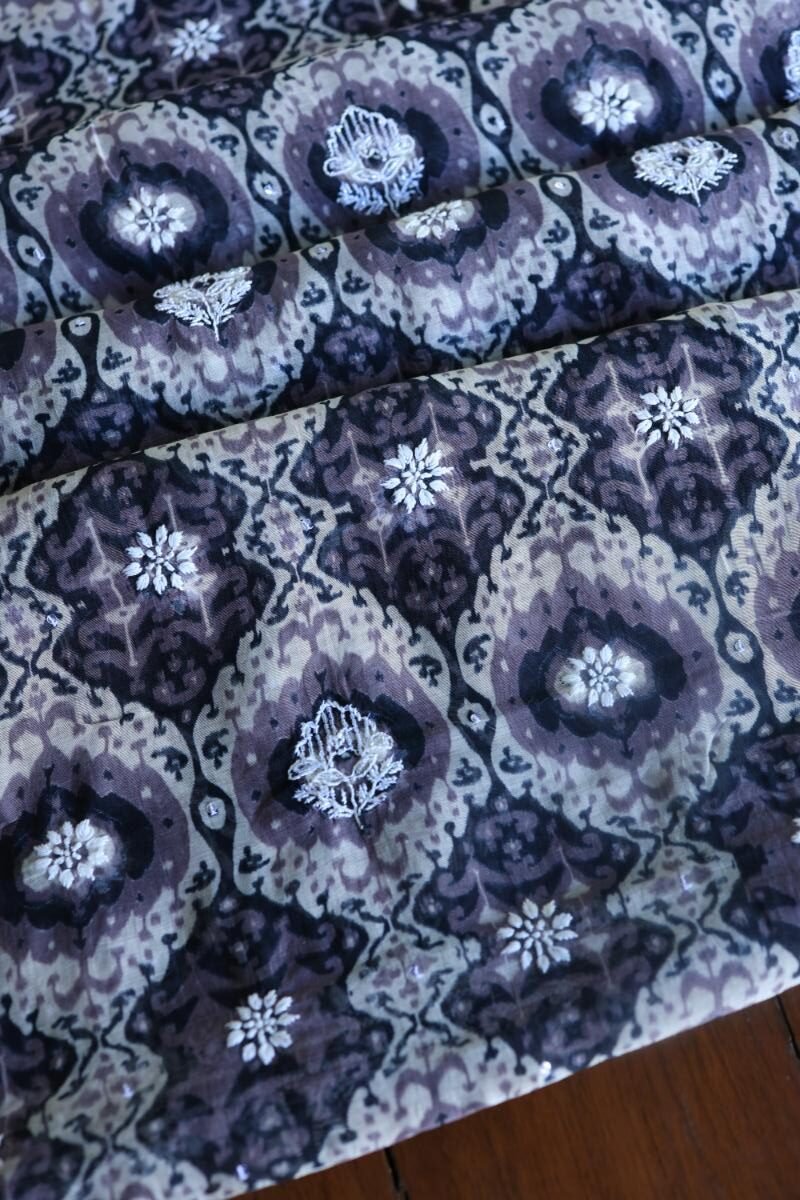 Grey & White Soft Cotton Printed Unstitched Kurta Dupatta Set with Chikankari & Sequin Work