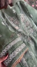 Hazel Green Noor Organza Applique Chikankari Mukaish Kurta Dupatta Set