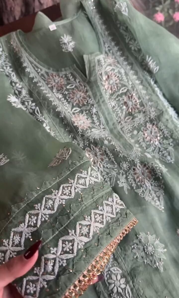 Hazel Green Noor Organza Applique Chikankari Mukaish Kurta Dupatta Set