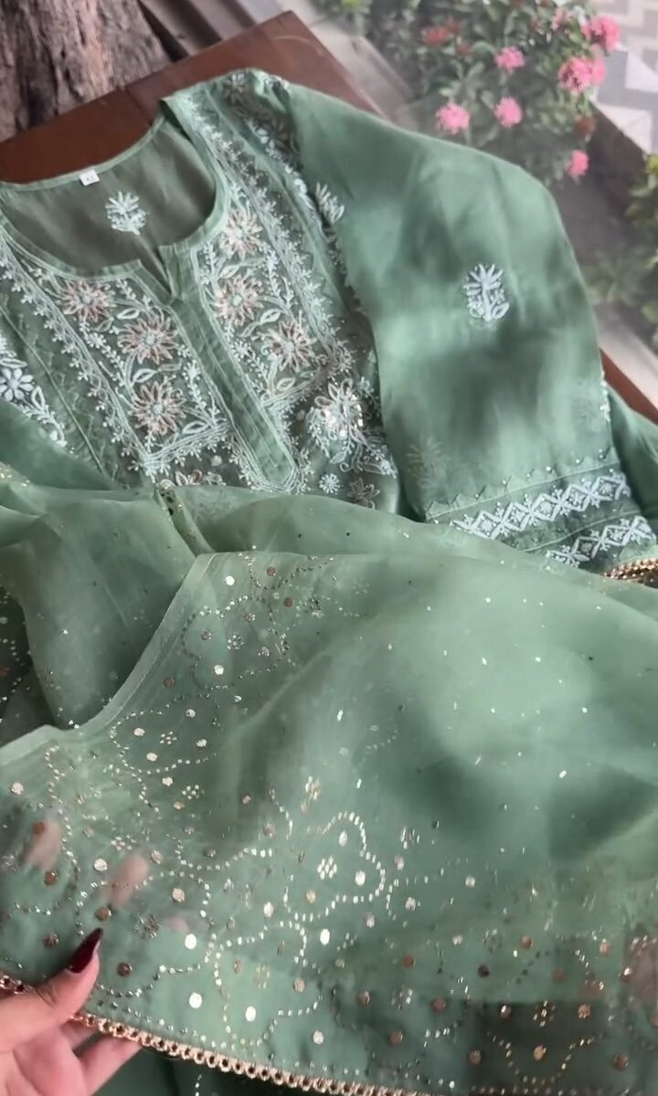 Hazel Green Noor Organza Applique Chikankari Mukaish Kurta Dupatta Set