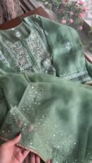 Hazel Green Noor Organza Applique Chikankari Mukaish Kurta Dupatta Set