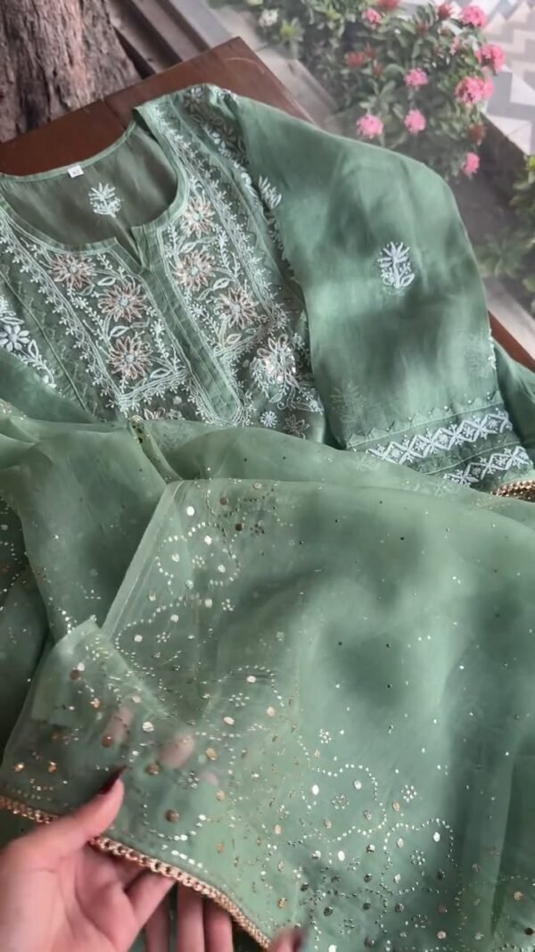 Hazel Green Noor Organza Applique Chikankari Mukaish Kurta Dupatta Set - Image 11