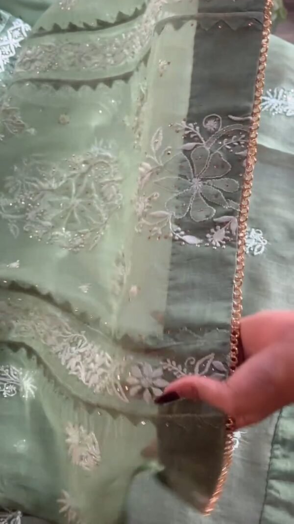Hazel Green Noor Organza Applique Chikankari Mukaish Kurta Dupatta Set - Image 13