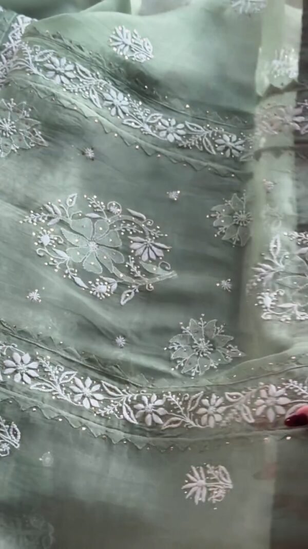 Hazel Green Noor Organza Applique Chikankari Mukaish Kurta Dupatta Set - Image 12