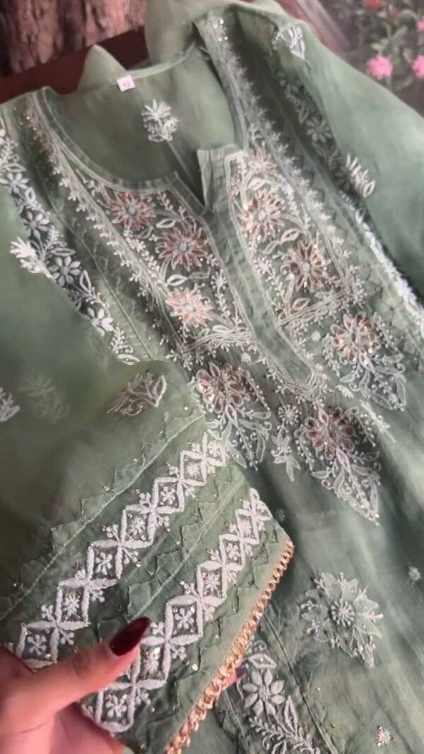 Hazel Green Noor Organza Applique Chikankari Mukaish Kurta Dupatta Set