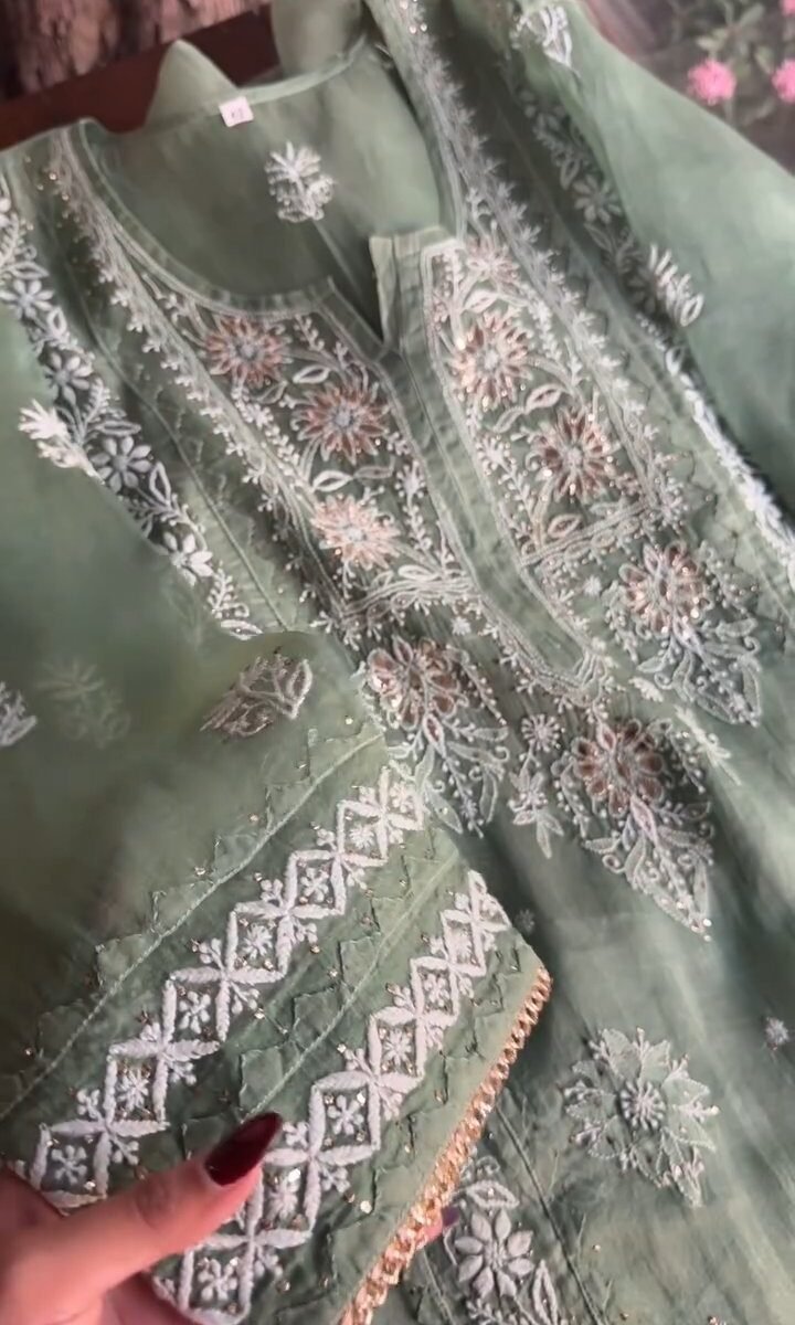 Hazel Green Noor Organza Applique Chikankari Mukaish Kurta Dupatta Set