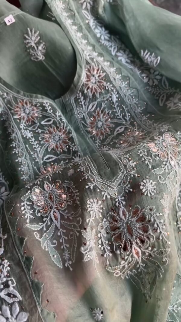 Hazel Green Noor Organza Applique Chikankari Mukaish Kurta Dupatta Set - Image 6