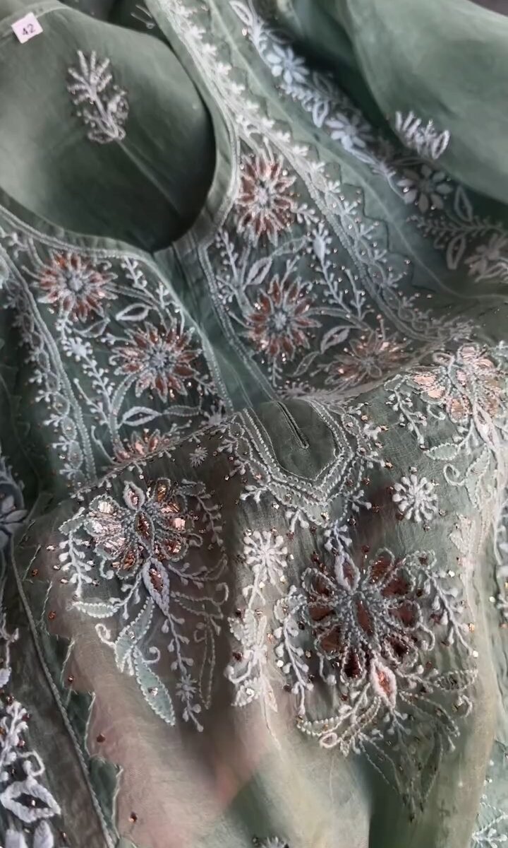 Hazel Green Noor Organza Applique Chikankari Mukaish Kurta Dupatta Set