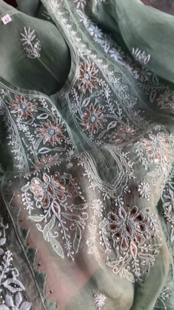Hazel Green Noor Organza Applique Chikankari Mukaish Kurta Dupatta Set - Image 5