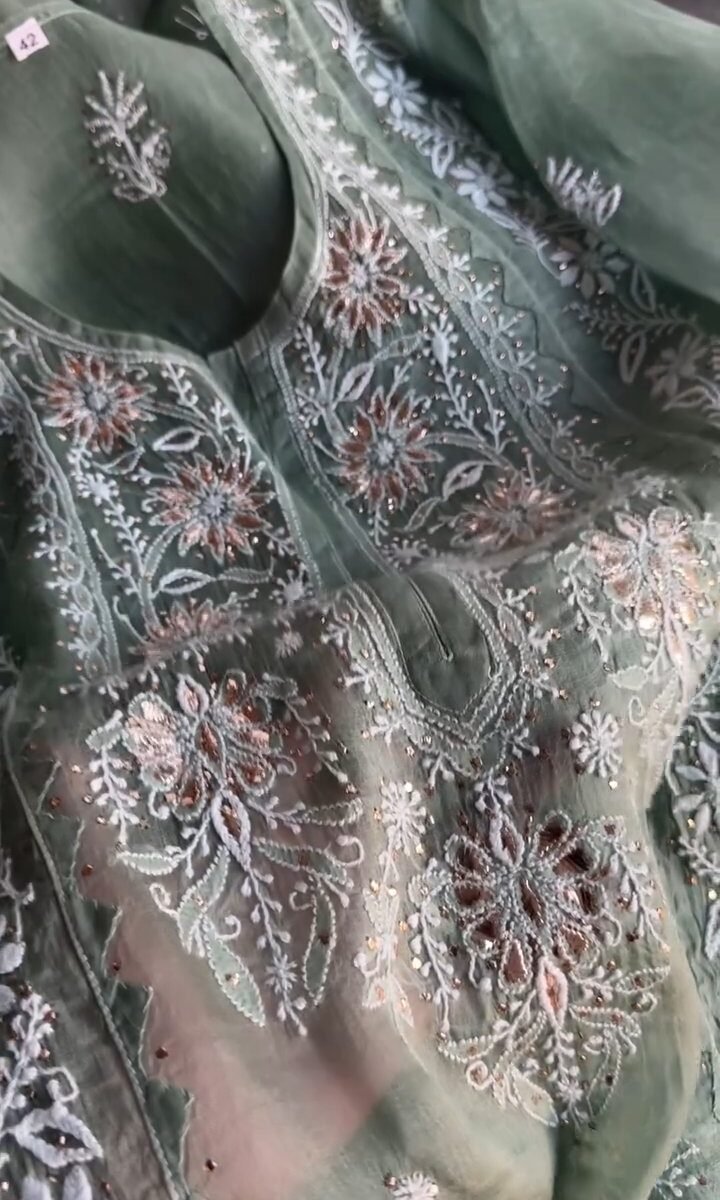 Hazel Green Noor Organza Applique Chikankari Mukaish Kurta Dupatta Set