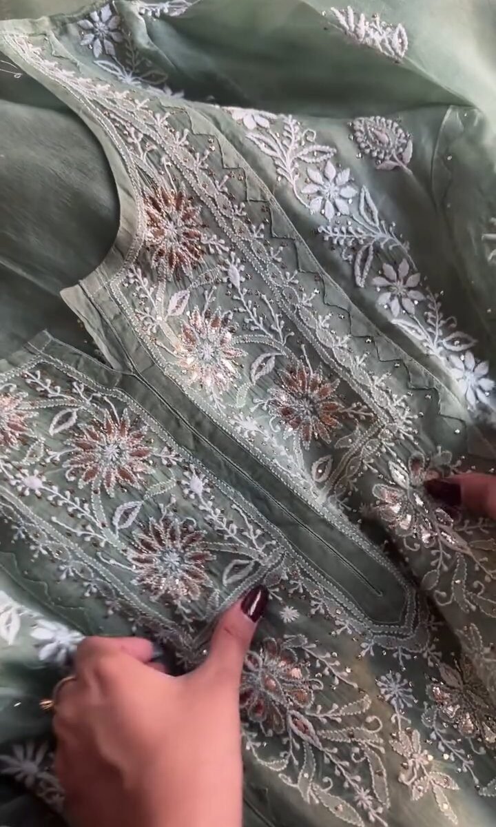 Hazel Green Noor Organza Applique Chikankari Mukaish Kurta Dupatta Set