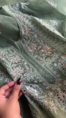 Hazel Green Noor Organza Applique Chikankari Mukaish Kurta Dupatta Set