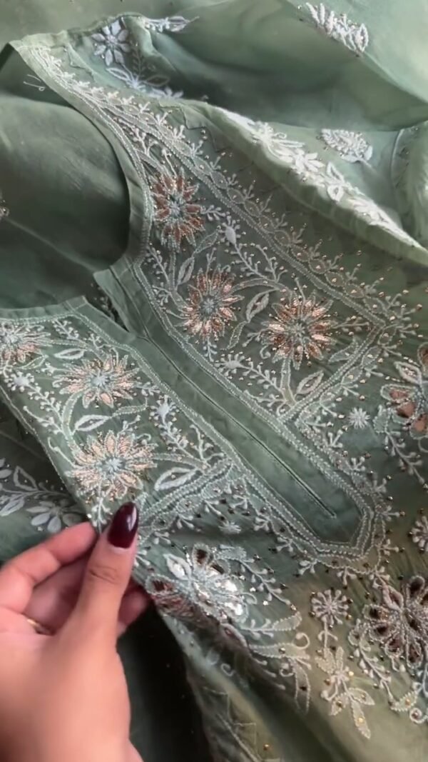 Hazel Green Noor Organza Applique Chikankari Mukaish Kurta Dupatta Set - Image 7