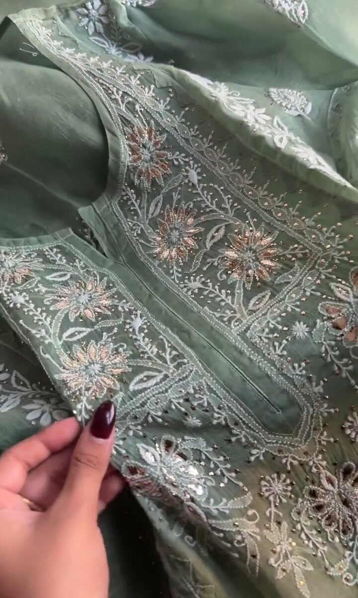 Hazel Green Noor Organza Applique Chikankari Mukaish Kurta Dupatta Set