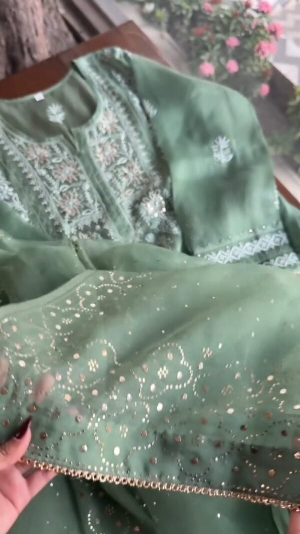 Hazel Green Noor Organza Applique Chikankari Mukaish Kurta Dupatta Set - Image 15