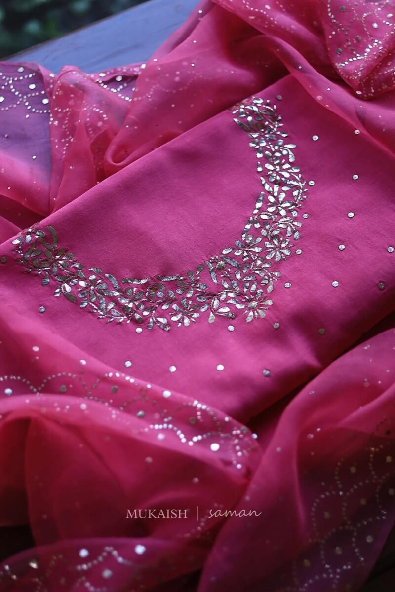 Hot Pink Chanderi Silk Mukaish Badla Unstitched Fabrics