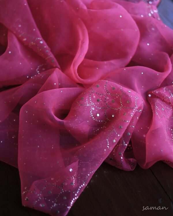 Hot Pink Chanderi Silk Mukaish Badla Unstitched Fabrics - Image 3