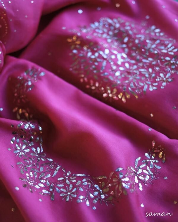 Hot Pink Chanderi Silk Mukaish Badla Unstitched Fabrics - Image 6