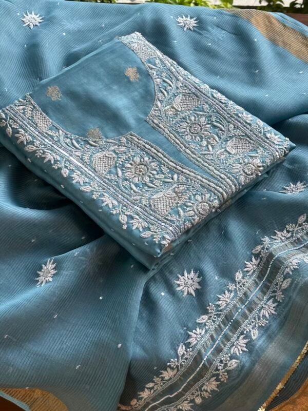 Blue Banarasi Zari Chanderi Chikankari Unstitched Kurta Dupatta Fabric Set