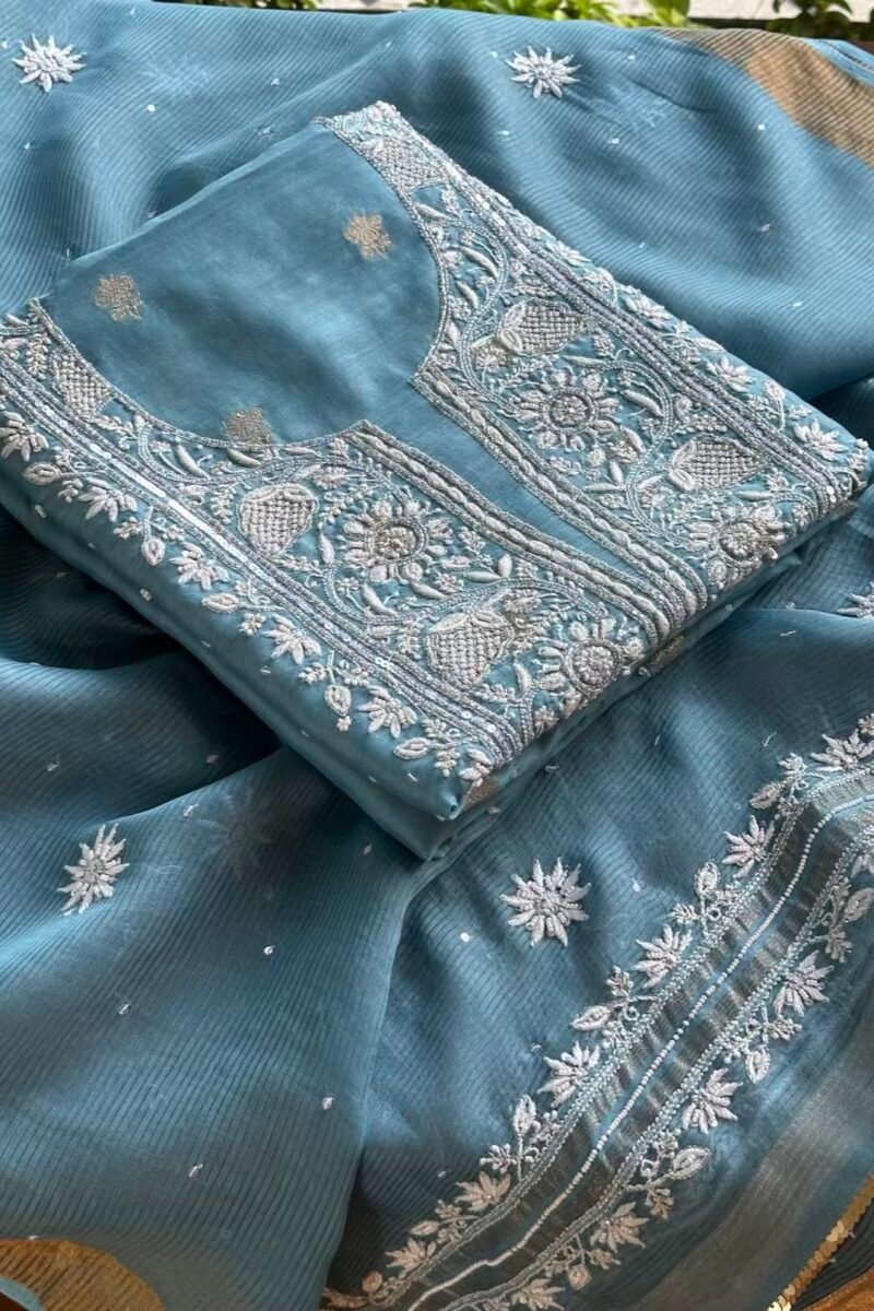 Blue Banarasi Zari Chanderi Chikankari Unstitched Kurta Dupatta Fabric Set