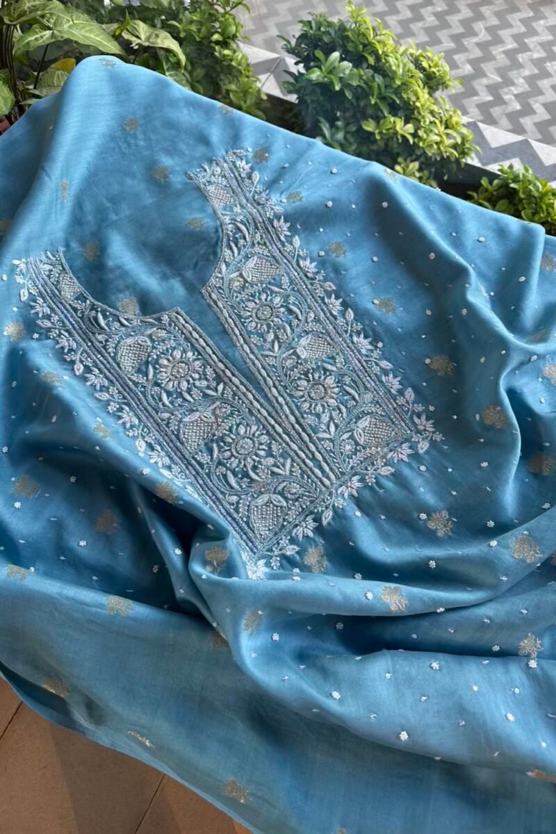 Blue Banarasi Zari Chanderi Chikankari Unstitched Kurta Dupatta Fabric Set
