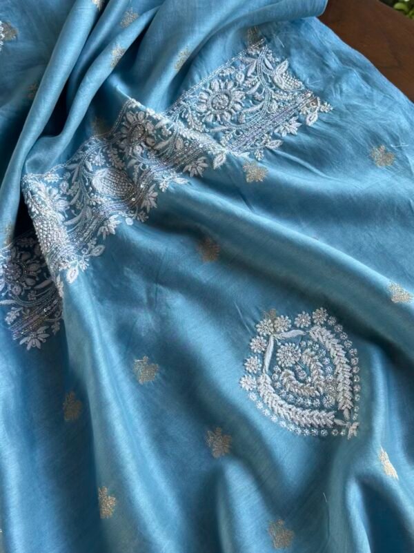 Blue Banarasi Zari Chanderi Chikankari Unstitched Kurta Dupatta Fabric Set - Image 3