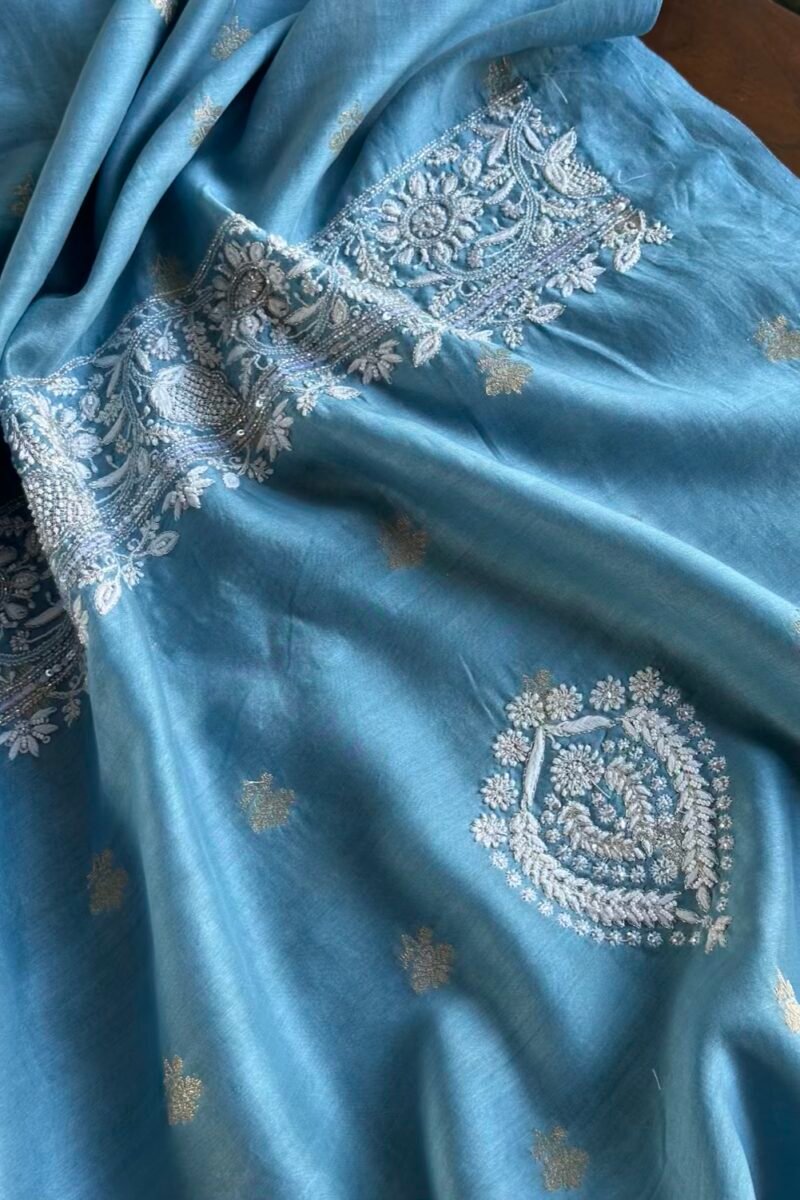 Blue Banarasi Zari Chanderi Chikankari Unstitched Kurta Dupatta Fabric Set