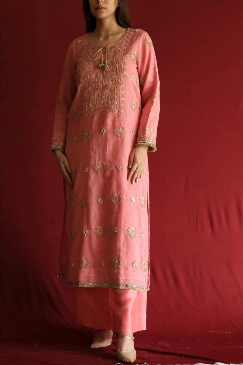 Lotus Pink Kota Mirror Chikankari Ready to Wear Kurta Set