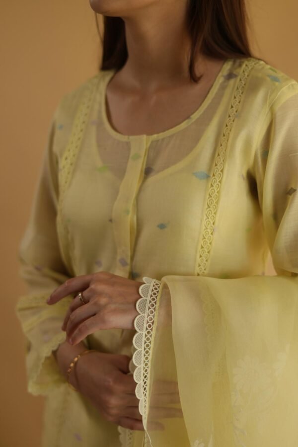 Lemon Yellow Jamdani X Chikankari Ready To Wear Kurta Dupatta Set - Image 2