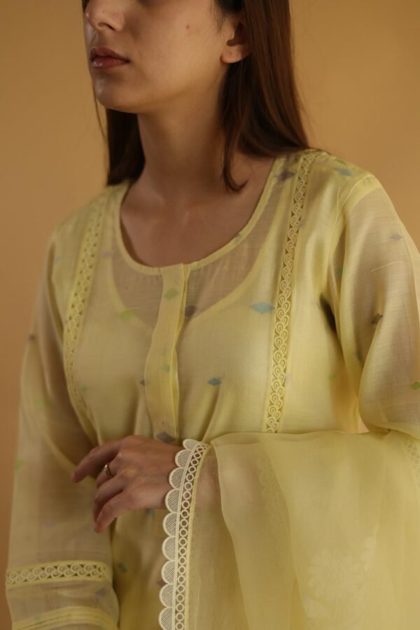 Lemon Yellow Jamdani X Chikankari Ready To Wear Kurta Dupatta Set - Image 3